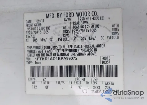 2011 Ford Ranger Xl z USA, uszkodzony, nr VIN 1FTKR1AD1BPA99072